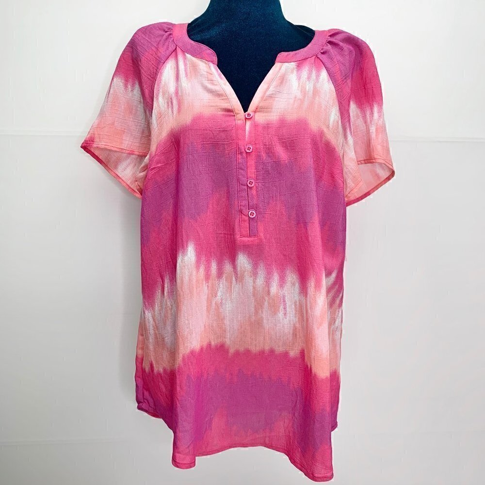 Kim Rogers Shirt Small Pink Tie Dye Short Sleeve V Neck NWT